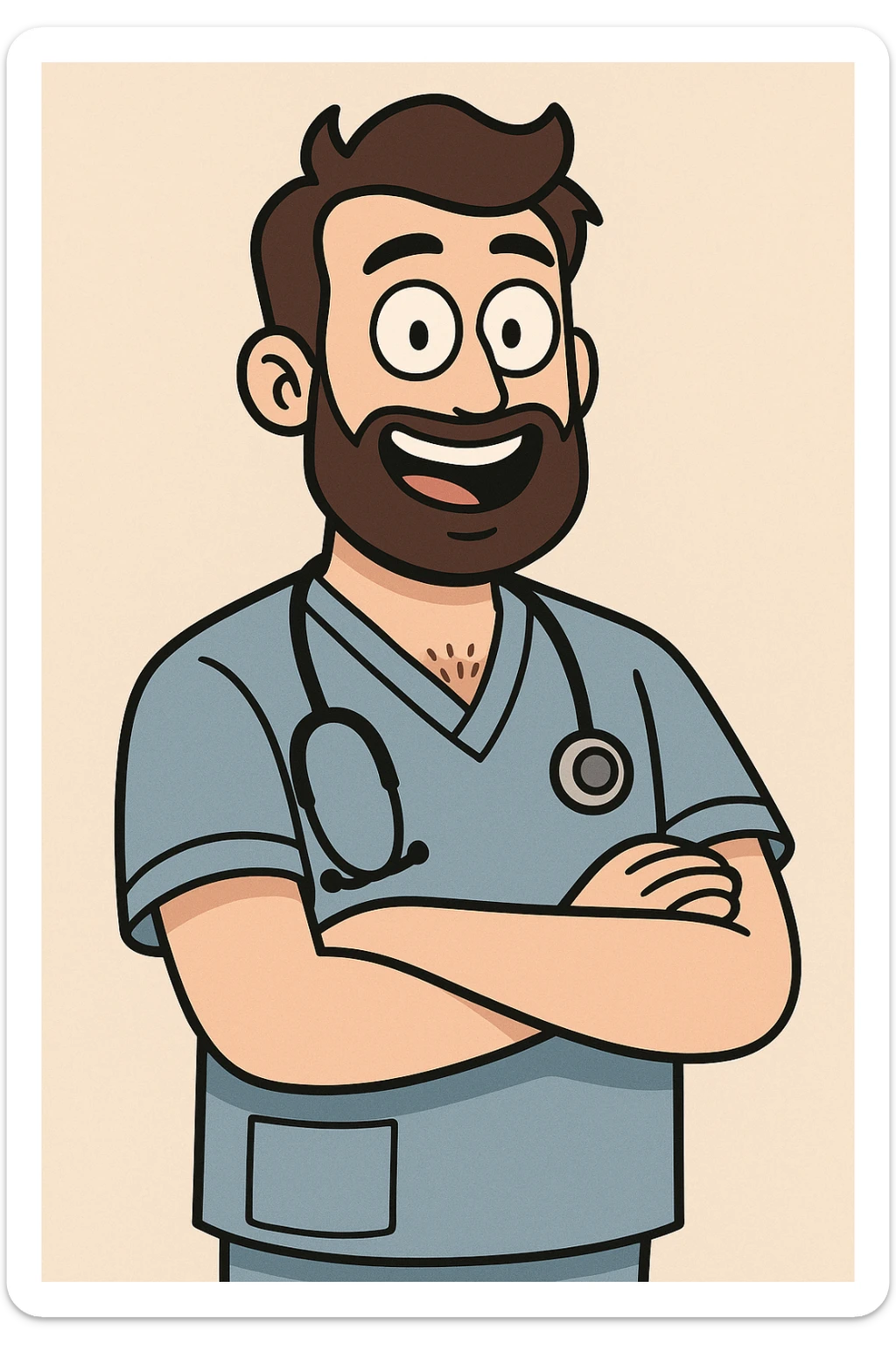 doctor, male, beard, stethoscope, blue scrubs, cheerful, cartoon style sticker