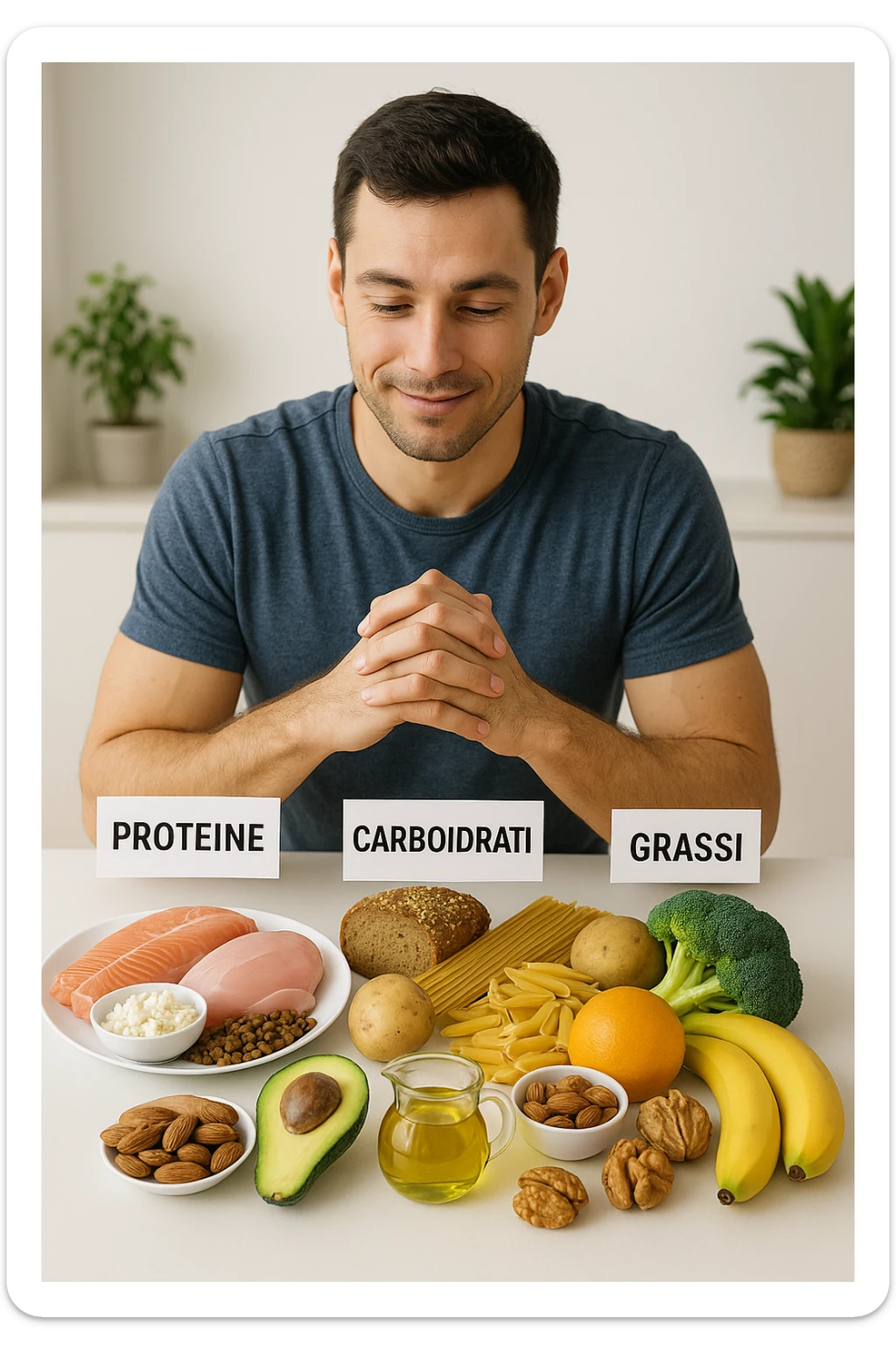 uomo che fa alimentazione attraverso i giusti macronutrienti. Scritte in ITALIANO immagine 4k realistica sticker