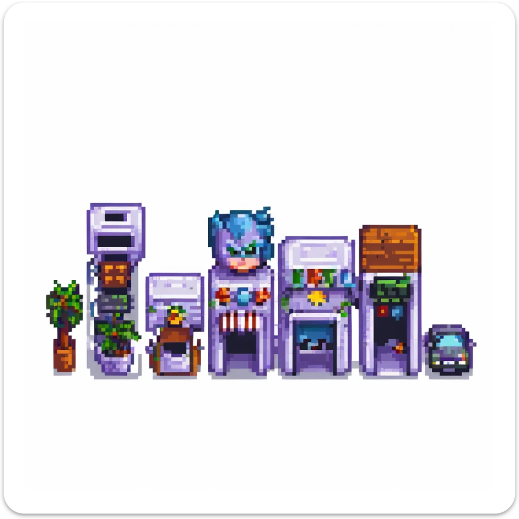 Wide pixel art background of a dark Gotham City street. Empty road with sidewalk, flickering lamppost casting light, trash bins nearby, distant shadowy silhouettes. Tall buildings in the background, moody atmosphere, subtle rain or fog. sticker