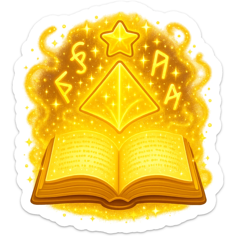 Make the mystic yellow book even more magical with sparkling magical energy, enchanted symbols, glowing effects, and a whimsical magical aura. Style it to resemble an apple emoji style. Keep no background. sticker