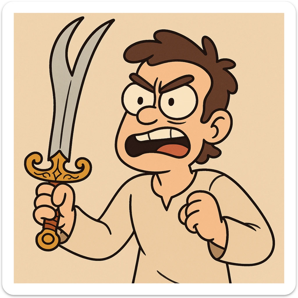 bifurcated sword inspired by Zulfiqar, with a split blade and ornate hilt, stylized in a flat toon style sticker