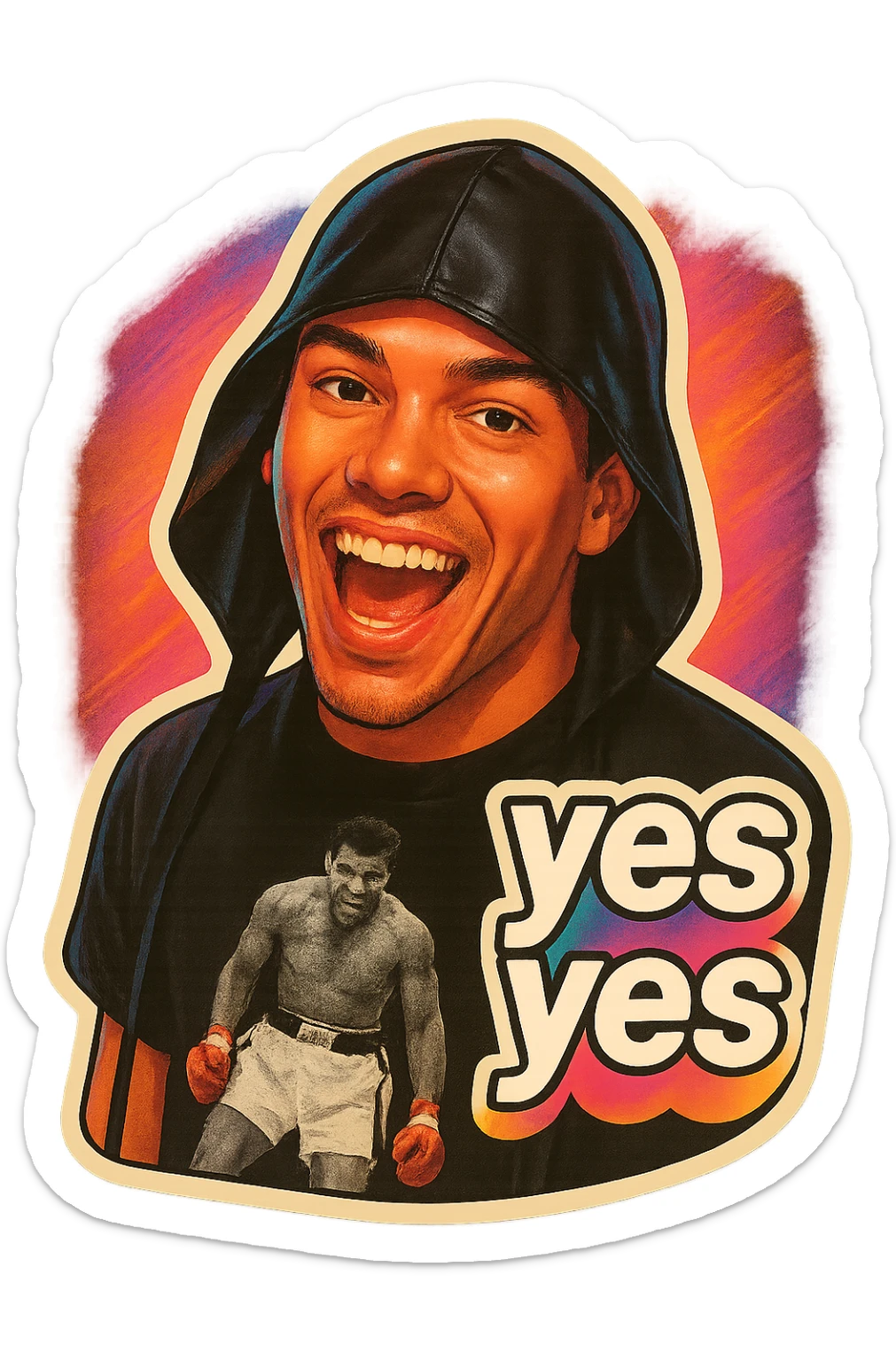 excited smile with mouth open
add the words “yes yes" in White sticker