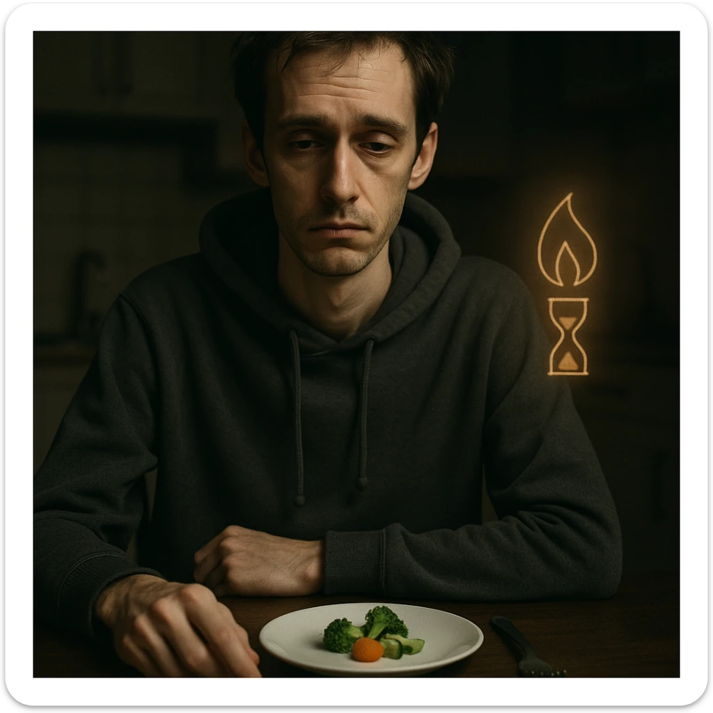 slim pale man in his 30s, tired, sitting at a table with a tiny portion of vegetables, wearing a hoodie, slow metabolism symbol like a dim flame or hourglass near him, dim kitchen lighting, vertical 2:3 aspect ratio sticker