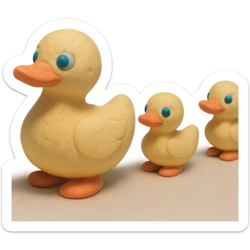 mother duck with ducklings following her, playful and cute, pastel colors, visible fingerprints, claymation style sticker