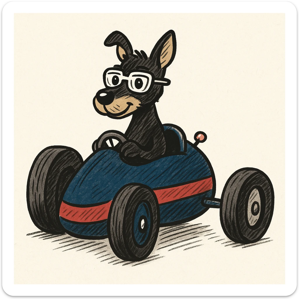 Change the racecar to dark blue and red, keep the black and tan terrier driving. The style is hand drawn doodle style. sticker