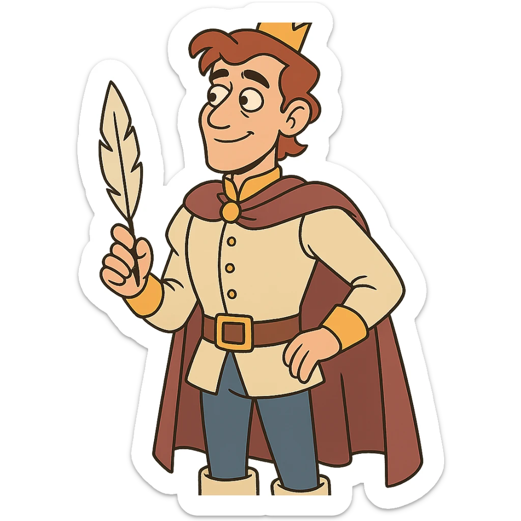Corentin Carlier as a fantasy prince, elegant outfit, holding a quill sticker