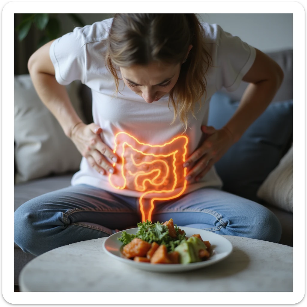 adult woman, photorealistic, intestinal problems, sitting with hands on abdomen, diet food plate in front, intestines highlighted in transparency, painful expression, natural light, home background sticker