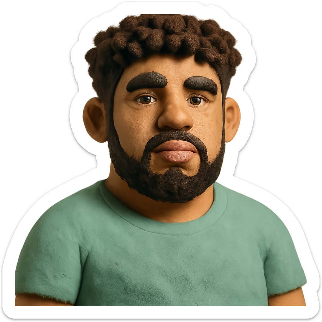 tan guy with mid-length brown and black curly hair like LaMelo Ball, beard, chubby build sticker