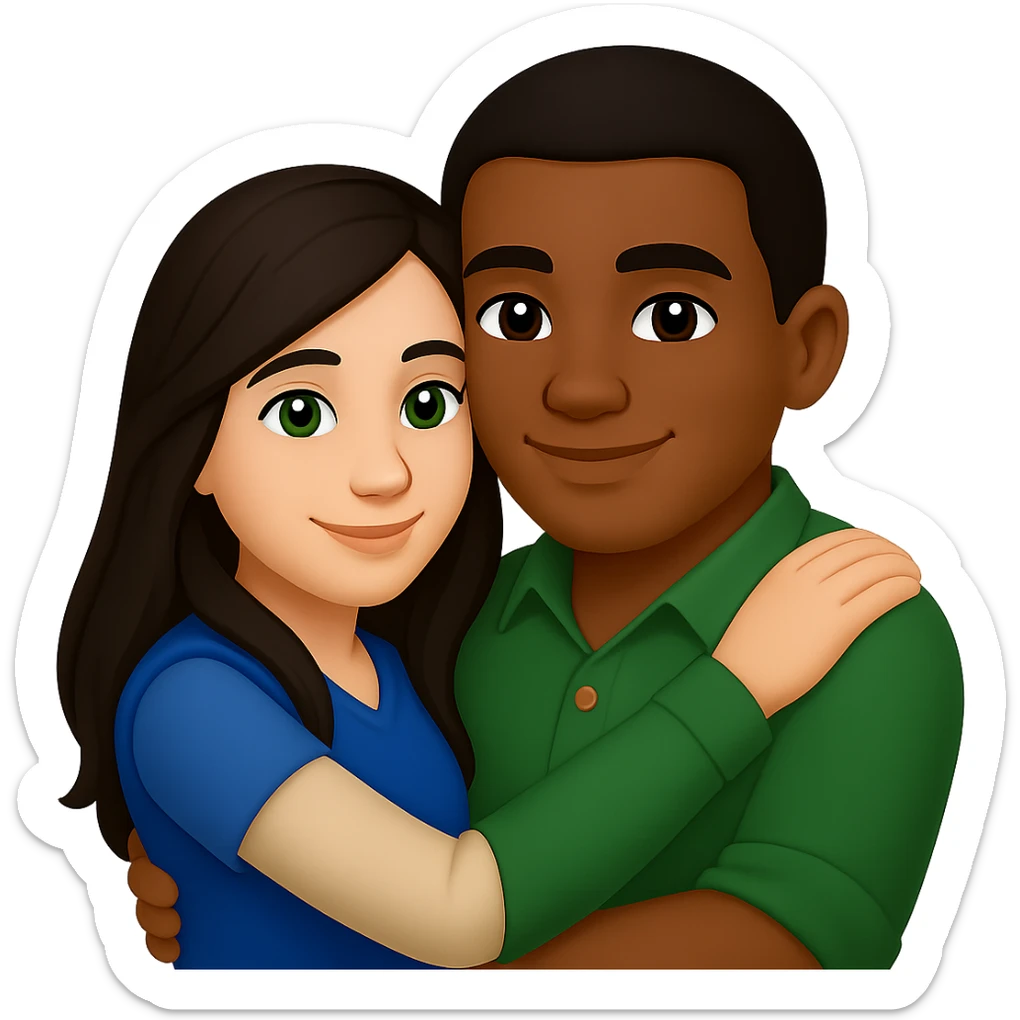 Edit the image in apple emoji style with no background. Change the man to have a darker skin tone, short hair, and brown eyes. Keep the woman with long dark hair and green eyes. Depict a young Métis man and young white woman hugging, love theme. sticker