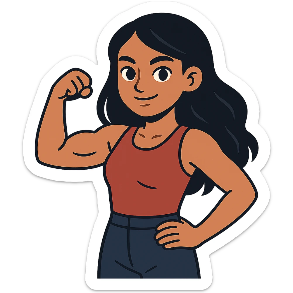 flat toon style strong girl with brown eyes, long slightly wavy black hair sticker