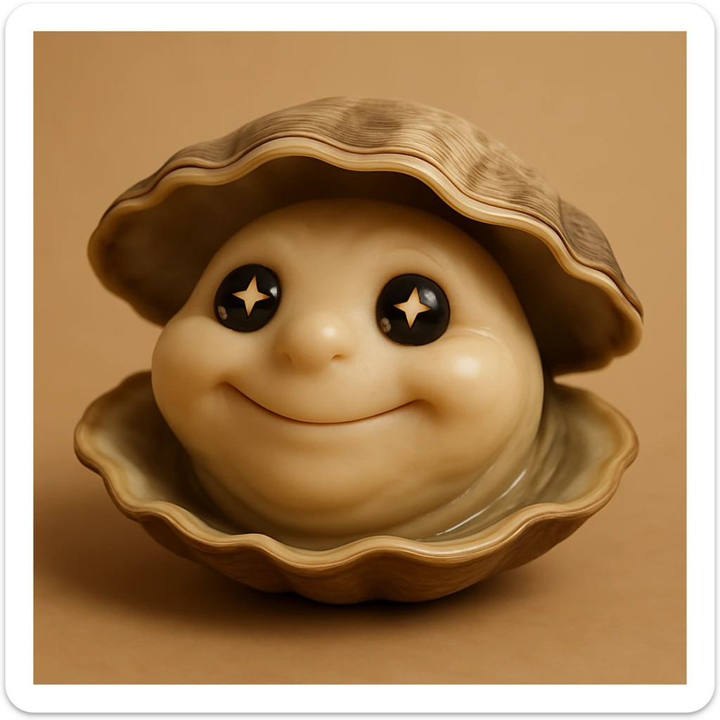 A cute oyster with a dreamy expression, starry eyes, soft smile, in photorealistic style. sticker