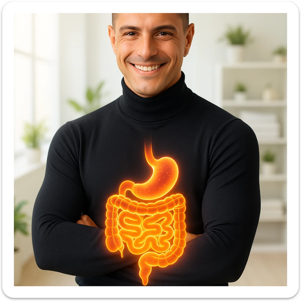 Create a semi-realistic, wellness-themed image of a healthy 30-year-old man inspired by the reference image. Show a stylized glowing intestine with a clean and vibrant gut. The man is in a relaxed pose. The background is a bright minimalistic health clinic with soft lighting, conveying wellness and balance mood. sticker