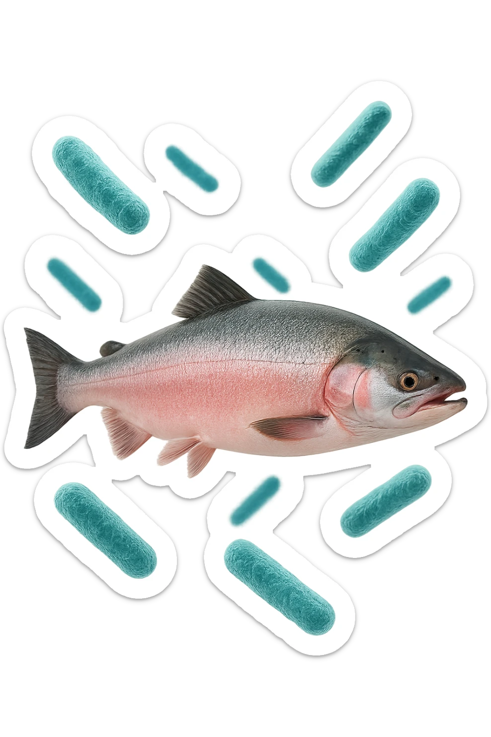 batteri intestinali rosa salmone e turchesi fluttuano in aria, iperrealistici 4k sticker
