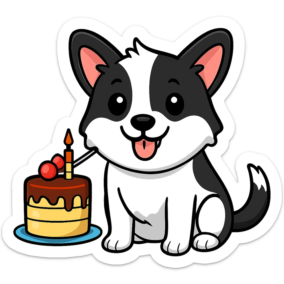 Change the dog's fur color to black and white while preserving the sticker style look. Remove the background. sticker