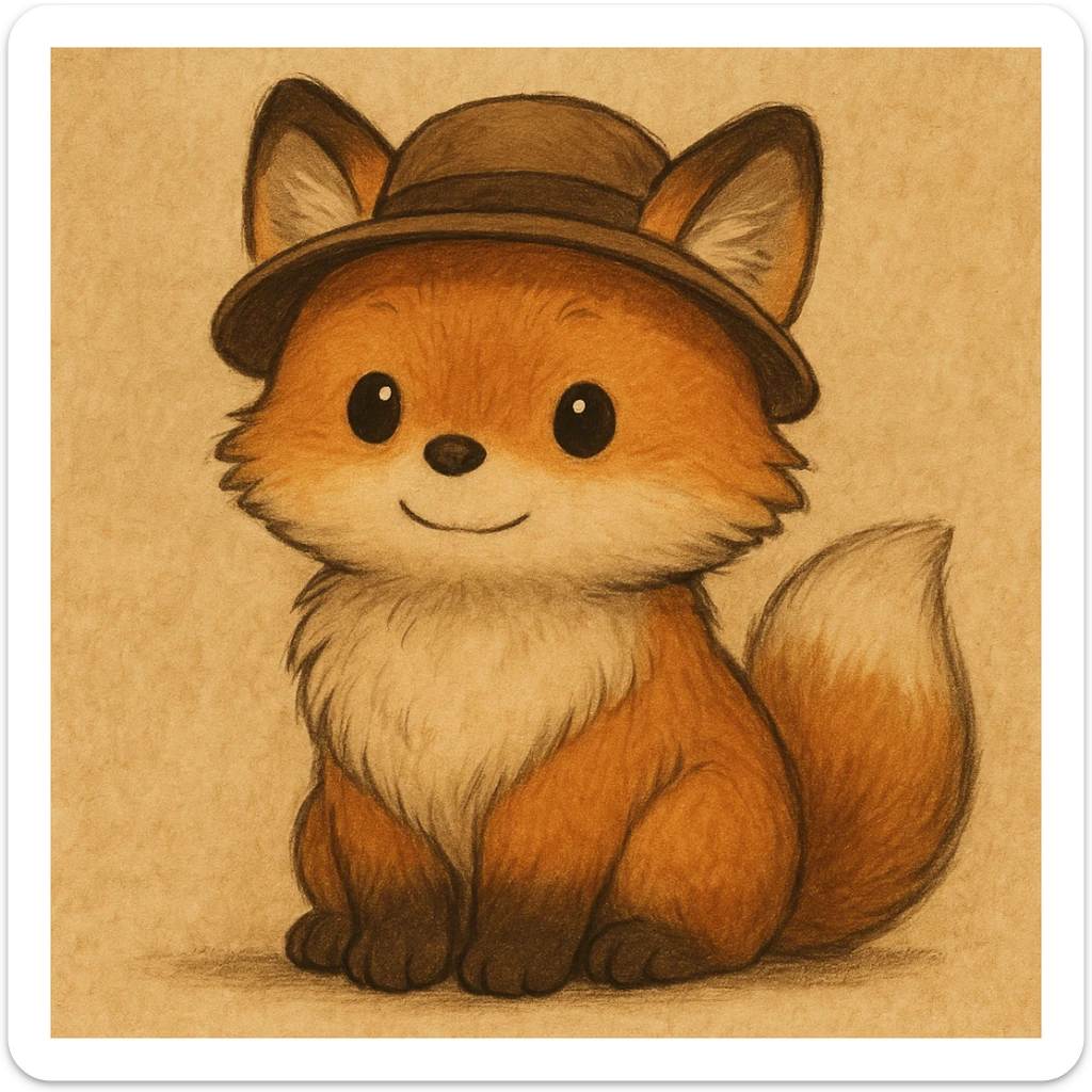 A cute, fluffy fox with a round head in the style of Studio Ghibli, wearing a hat. sticker