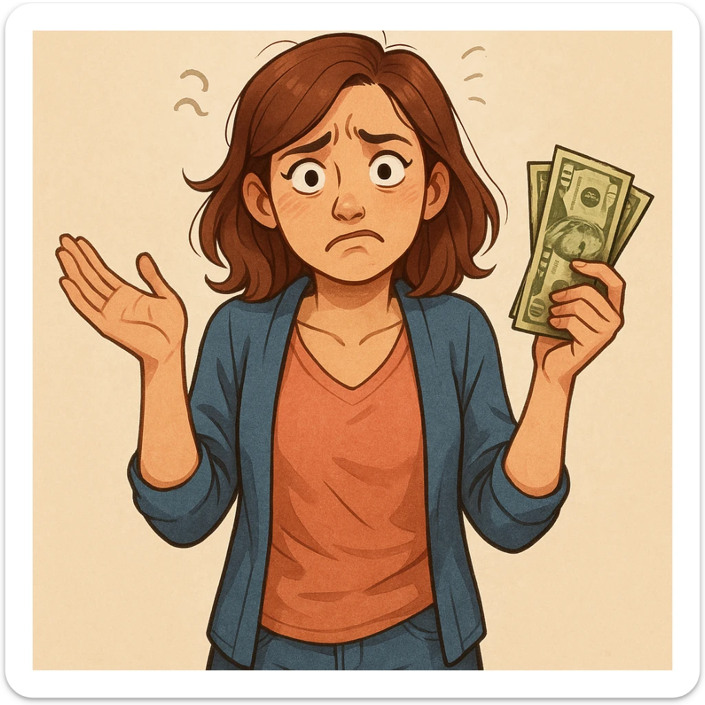 detailed illustration of a female character with a confused expression, hands up in the air, holding money, looking helpless sticker