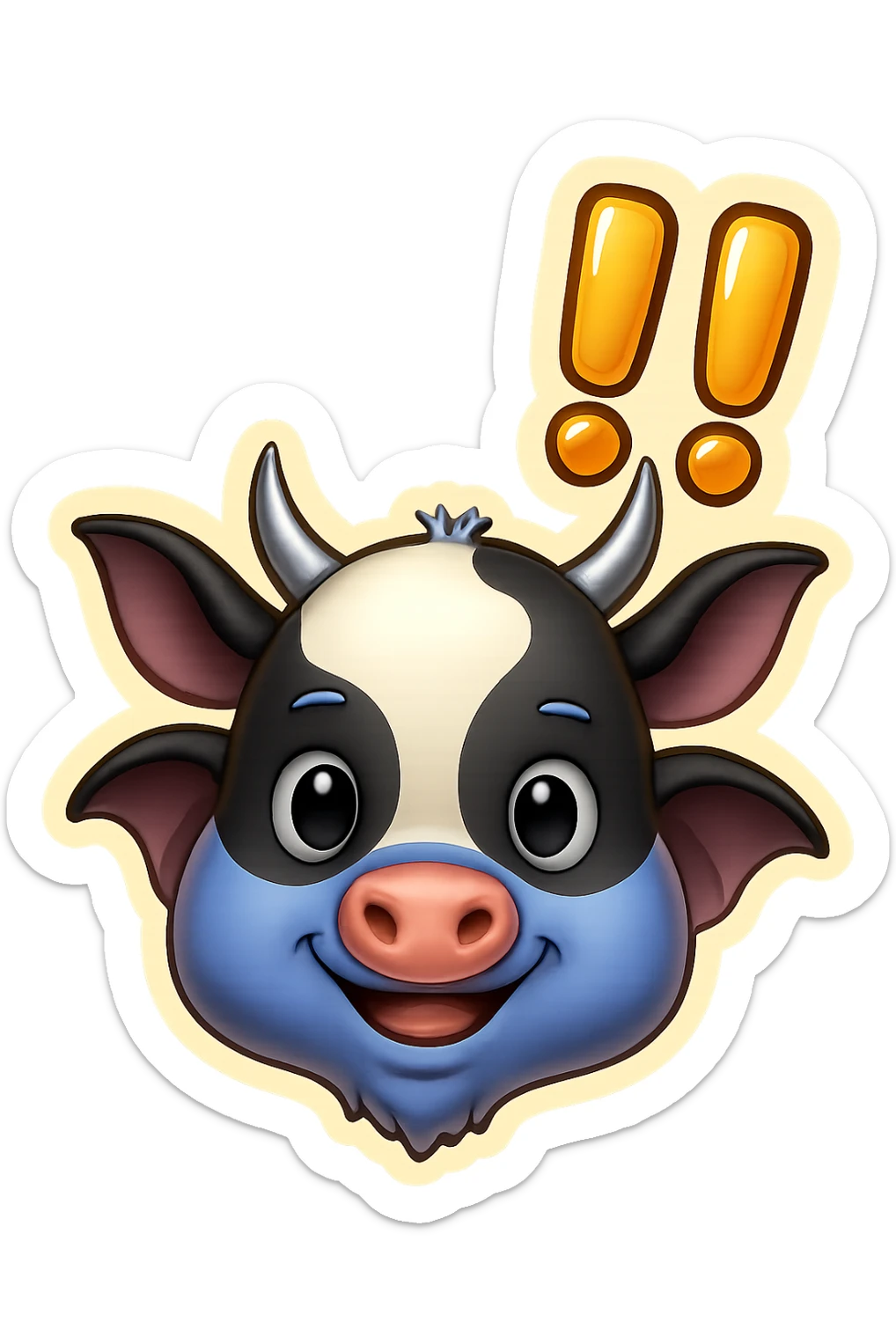 Add a bold '!!' above the head of the cow-bat hybrid emoji. Keep the same style and colors as the reference image. Ensure high visibility suitable for Discord and Slack. No background (transparent). sticker