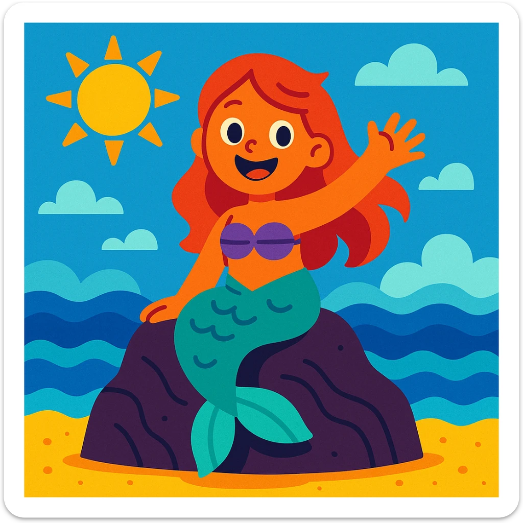 A cheerful little mermaid sitting on a rock, waving to the viewer, with a big smile, in a colorful illustration style. sticker