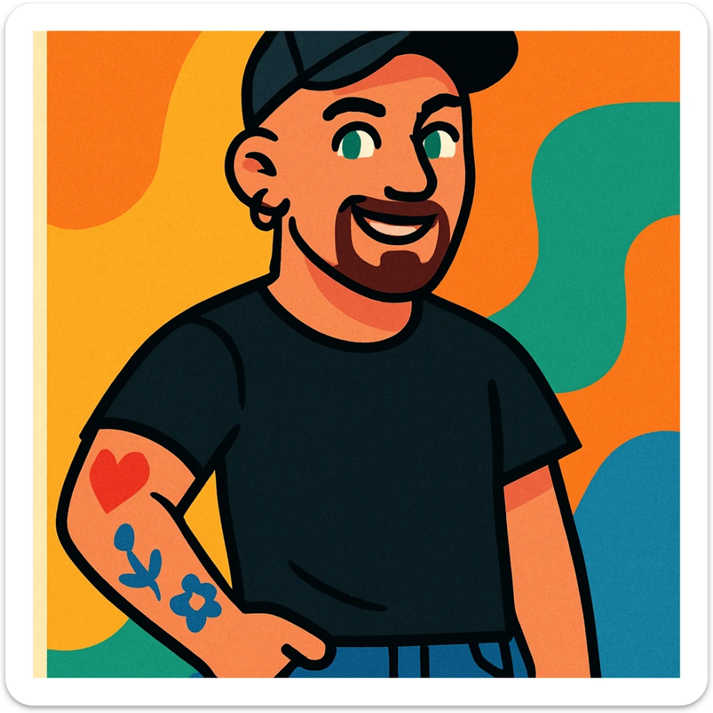 a man with a shaved head, goatee, pierced ear, and green eyes, wearing a black baseball cap, black shirt, jeans, and tattoos on one arm, in a vibrant cartoon style sticker