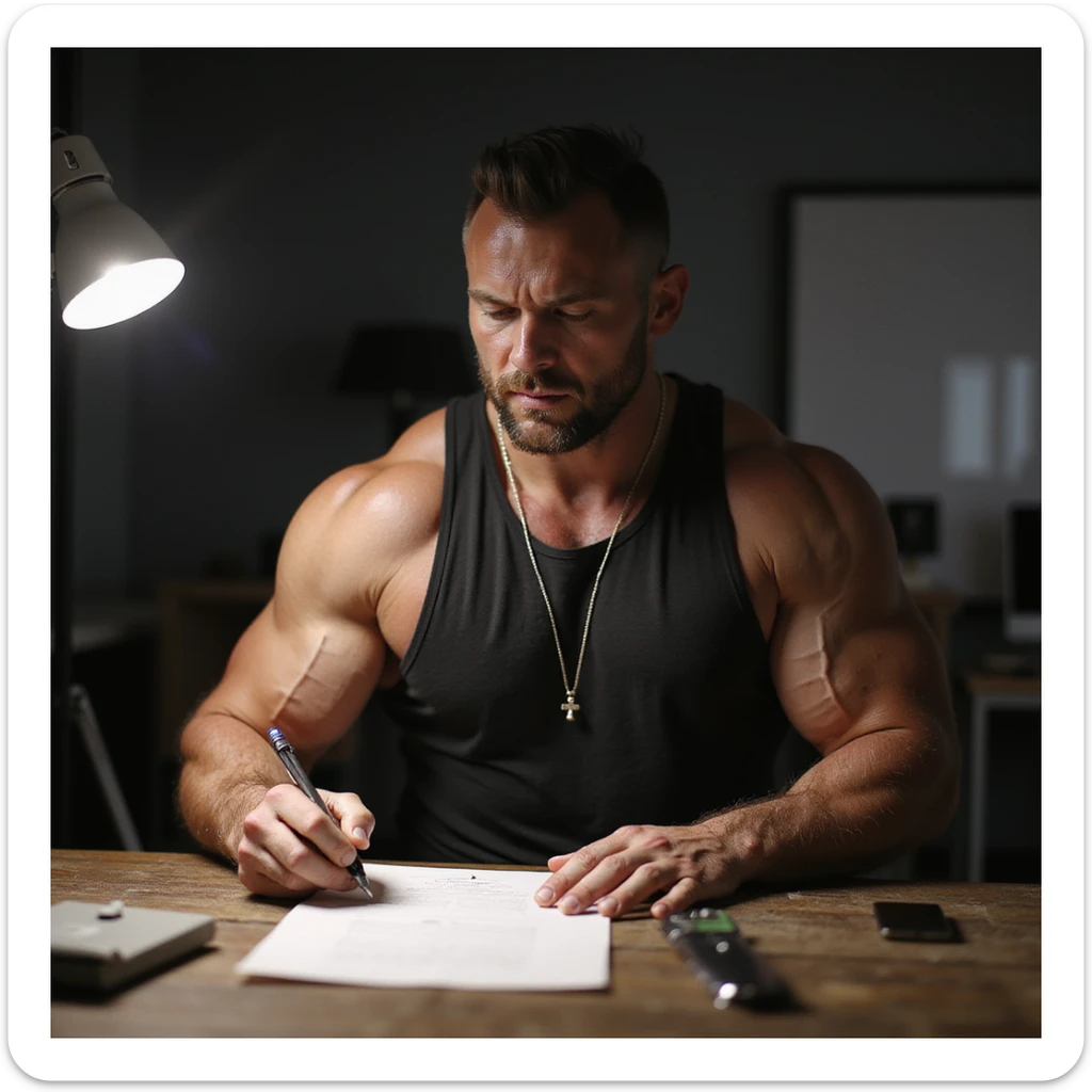 Coach di bodybuilder che scrive un protocollo di sostanze su un foglio, in ambiente da studio o ufficio, con fiale e siringhe sulla scrivania, atmosfera professionale, dettagli iperrealistici 4K. sticker