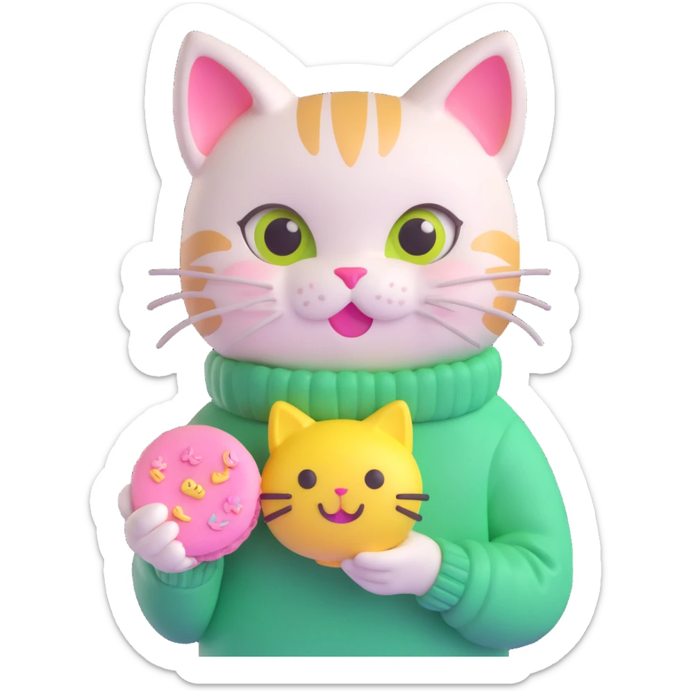 cute cat with big eyes, wearing a green sweater with yellow smiley faces, holding a pink macaron, soft and shiny, inspired by Apple emoji aesthetics, 3D iOS style emoji, variation 2 sticker