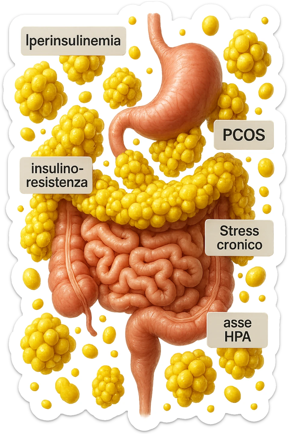 STOMACO E INTESTINO SONO VERTICALMENTE COLLEGATI E INTORNO A QUESTI ORGANI CI SONO CELLULE DI GRASSO GIALLE ATTACCATE SOPRA A GRAPPOLI, intorno fluttuano cellule di grasso giallo e alcune targhette con queste parole "Iperinsulinemia", "insulino-resistenza", "PCOS", "Stress cronico", "asse HPA", FALLO REALISTICO, NON DISEGNATO, IPERREALISTICO 4K sticker