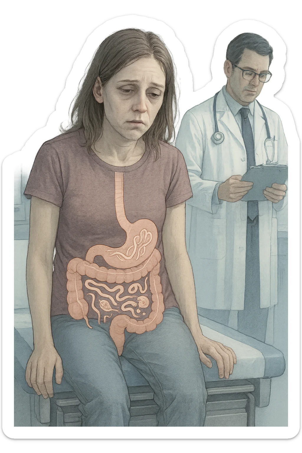 a woman in her 30s sits slumped on a doctor’s examination table, her face pale and eyes sunken with deep fatigue. A transparent overlay on her abdomen reveals stylized images of internal parasites, such as worms or protozoa, inside her digestive tract. The doctor stands nearby, reviewing medical charts. The mood is clinical and educational. sticker