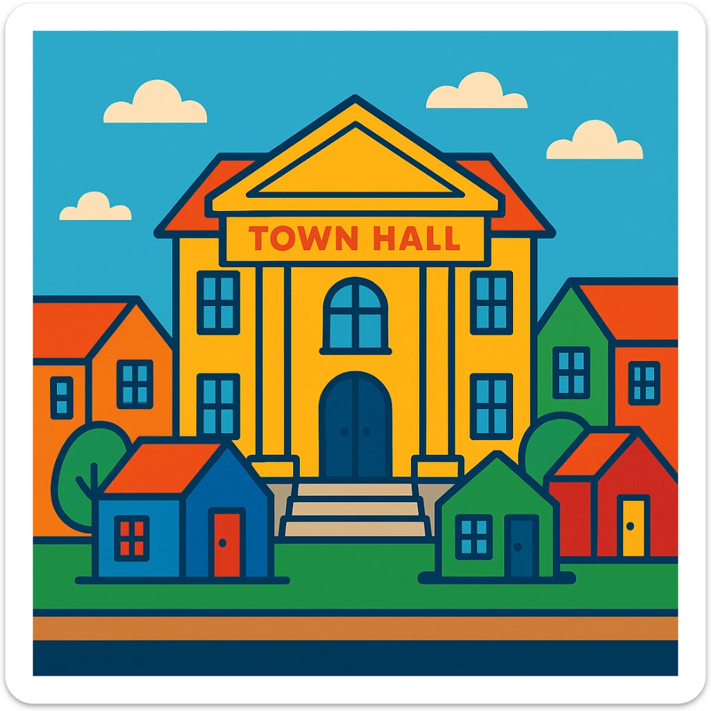 flat toon style municipality with bold colors, town hall and houses sticker