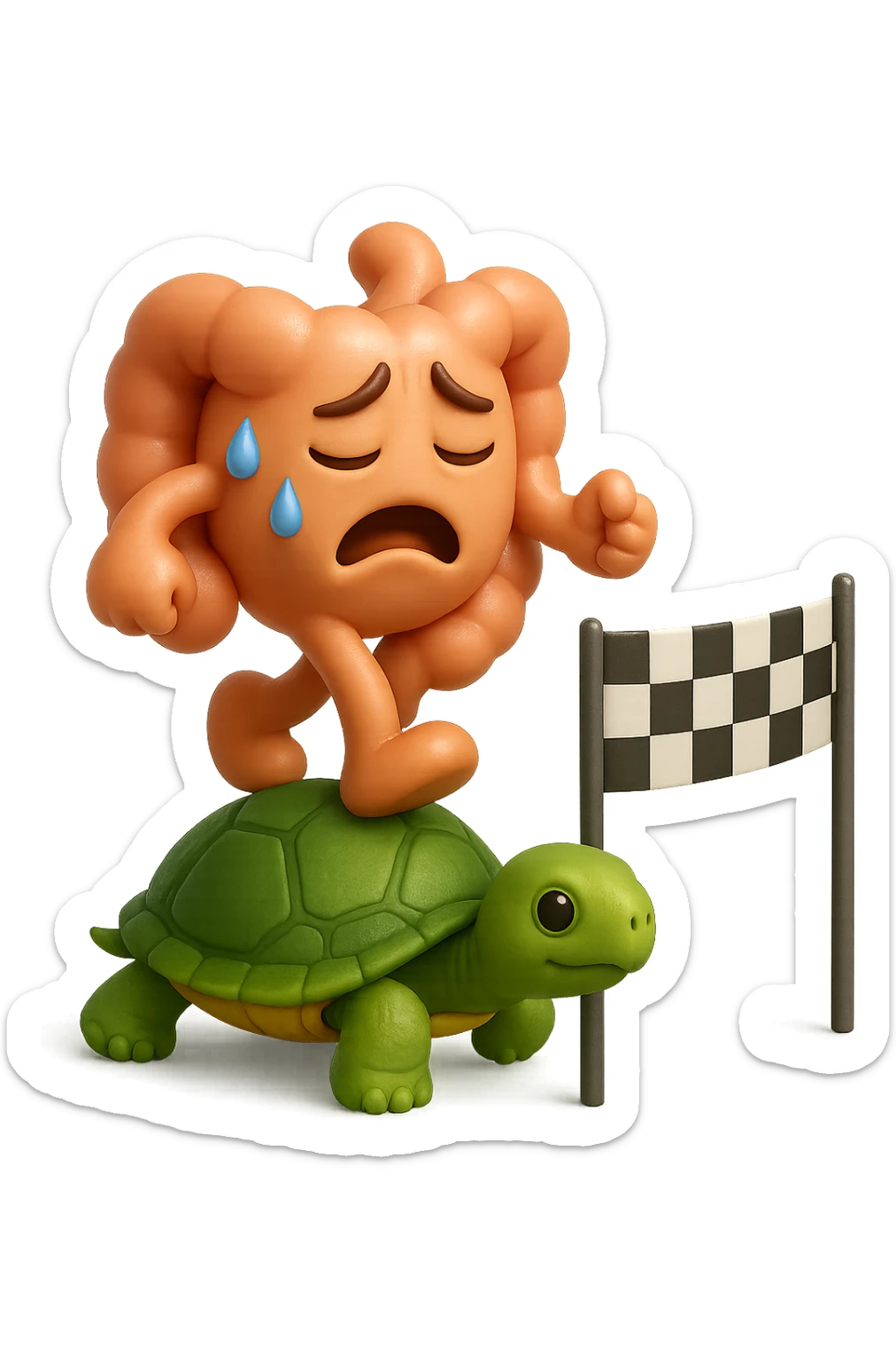  EMOJI STILE IPHONE 3D DI UN INTESTINO CON ESPRESSIONE ANGOSCIATA CHE CAMMINA SUL GUSCIO DI UNA TARTARUGA IN ATTESA ESTENUANTE DI RAGGIUNGERE UN TRAGUARDO POCO PIù AVANTI, SULLA LORO DESTRA. IL TRAGUARDO è UNA BANDIERA A DUE PIEDI CON FASCIA A SCACCHI BIANCHI E NERI. iperrealistico 4k sticker