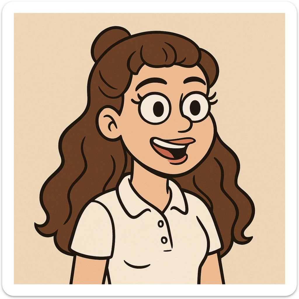 girl with a round face, long wavy brown hair in a half up half down style, brown eyes and long lashes, white button up polo, cartoon style sticker