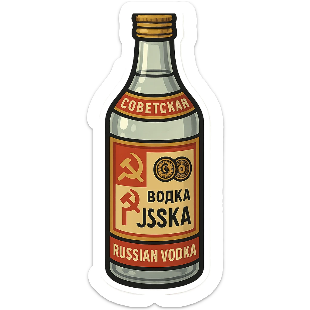 Create a cartoon sticker-style emoji of a Soviet vodka bottle inspired by the reference image. Emphasize the red and gold label, Cyrillic text, and classic bottle shape. No real brand names, just a generic Soviet look. Render in a sticker style. sticker