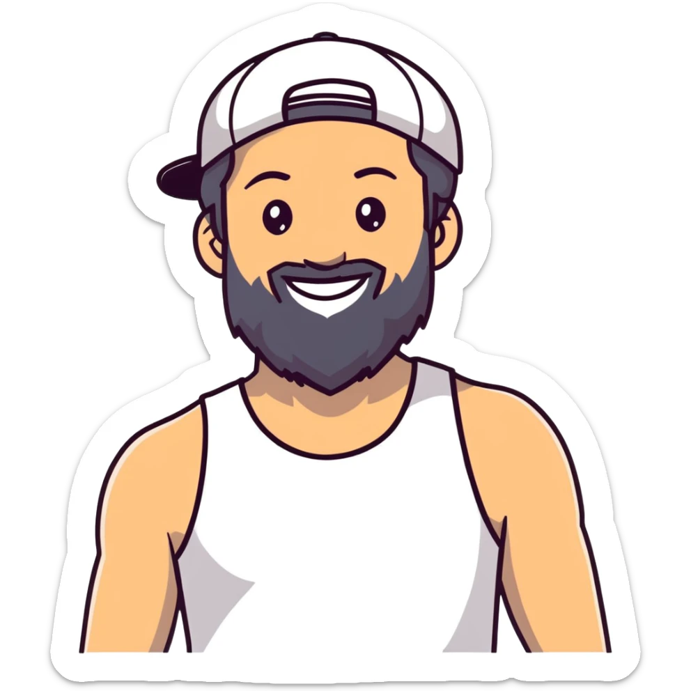 Alex Hormozi, white man with mid-long hair wearing a cap, big beard, smiling, white tank top sticker