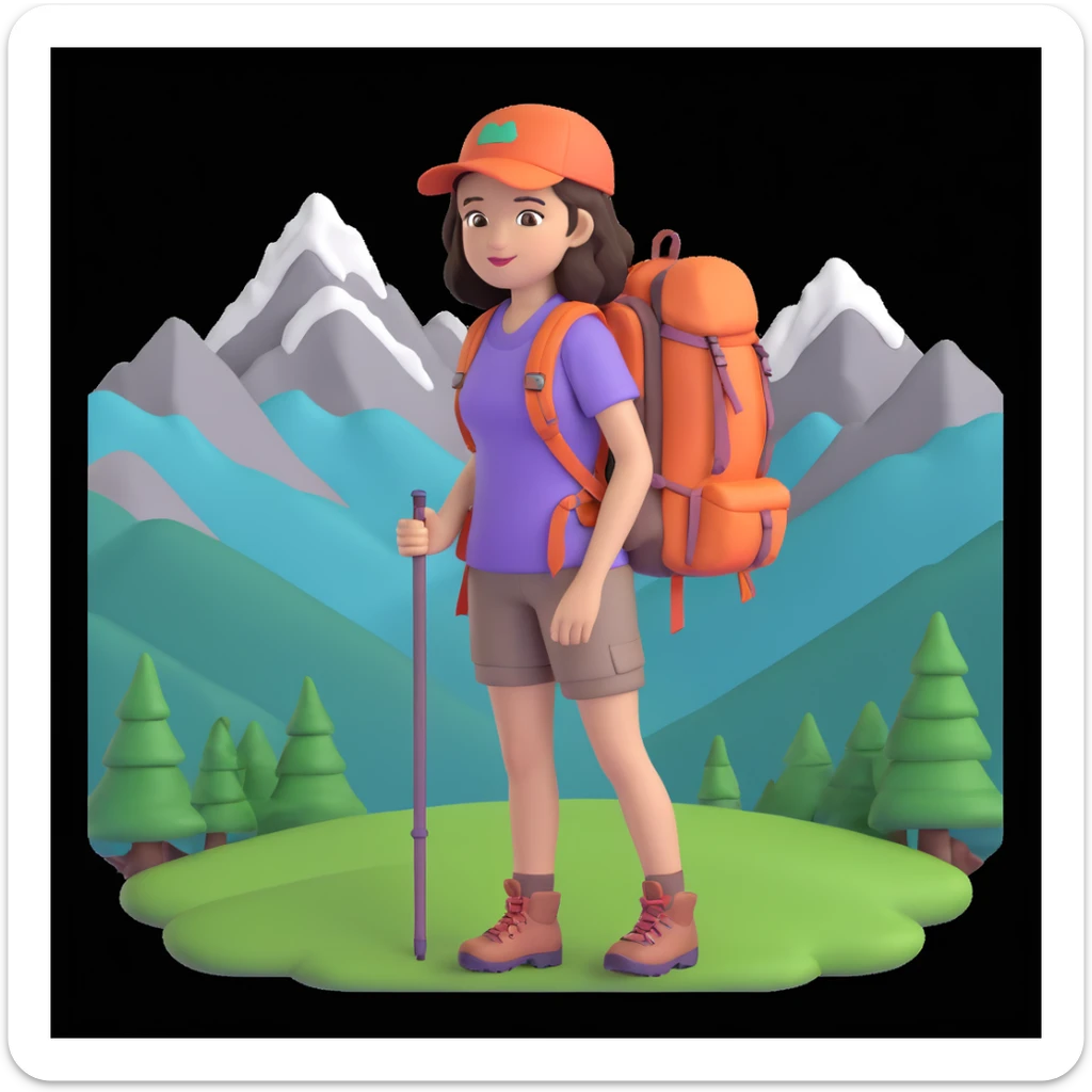 portrait of girl back packing mountains in background, close up pose sticker