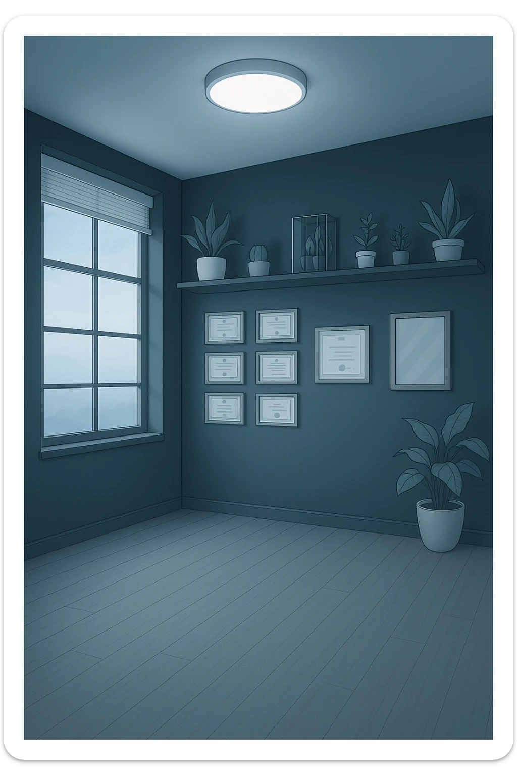 faMMI QUESTA STANZA STILE MANGA/WEBTOON A COLORI SENZA LE PERSONE E SENZA LETTINO, SOLO LA STANZA. FALLA MOLTO PIù LUMINOSA CON LUCI PIù FREDDE E MODERNE, NON LUCI GIALLE sticker