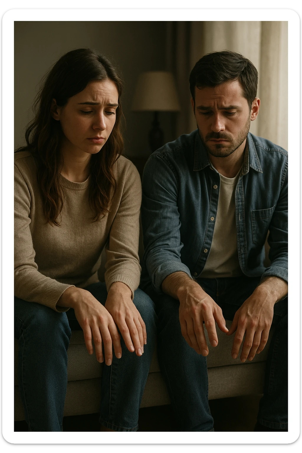 Vertical format: man and woman sitting apart on a sofa, sad looks but with one hand timidly reaching closer, atmosphere of tension but also hope for reconciliation, emotional and intimate scene sticker