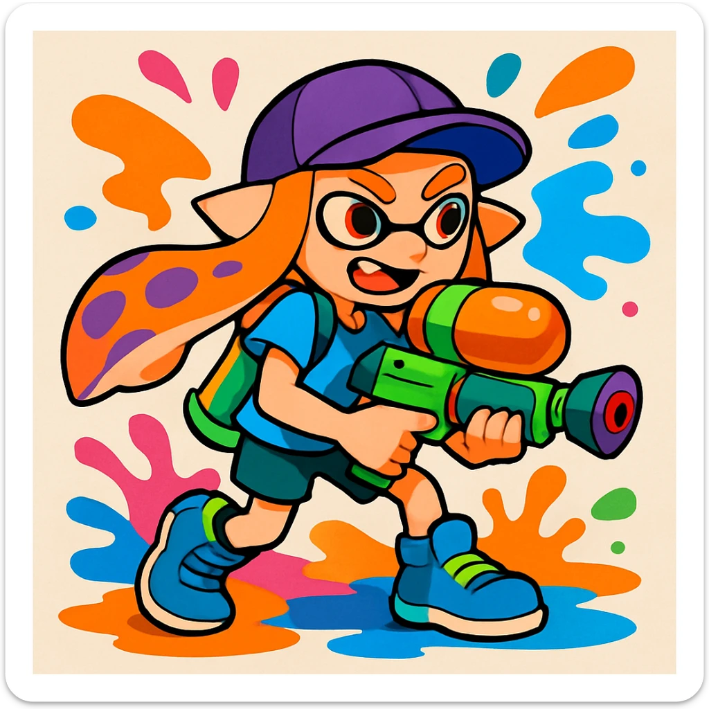 cartoonish inkling holding a paint gun, colorful ink puddles, Splatoon style, playful, vibrant, dynamic sticker