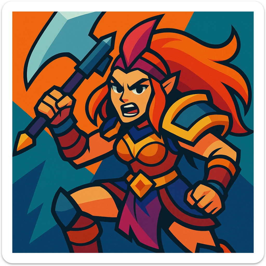 fierce League of Legends warrior with a weapon, vibrant cartoon style sticker