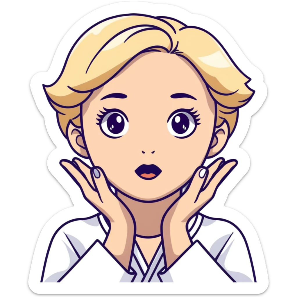 blonde girl with grey eyes doing skincare with surprised face sticker