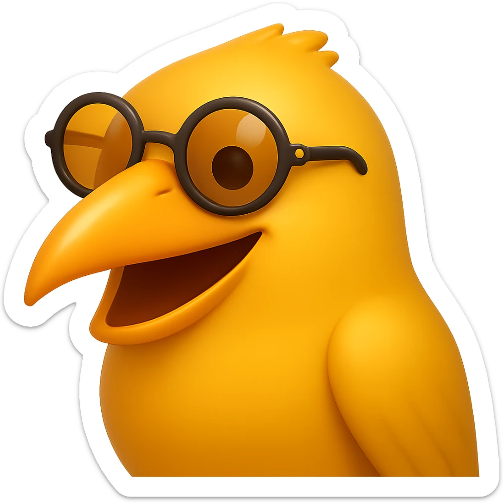 Make the bird emoji more emoji-like but keep the detailed, slightly cartoonish style of the reference. Smooth out the feather texture just a bit, add a subtle emoji shine, and keep the orange beak and round sunglasses. Bird with a big smile. No background. sticker
