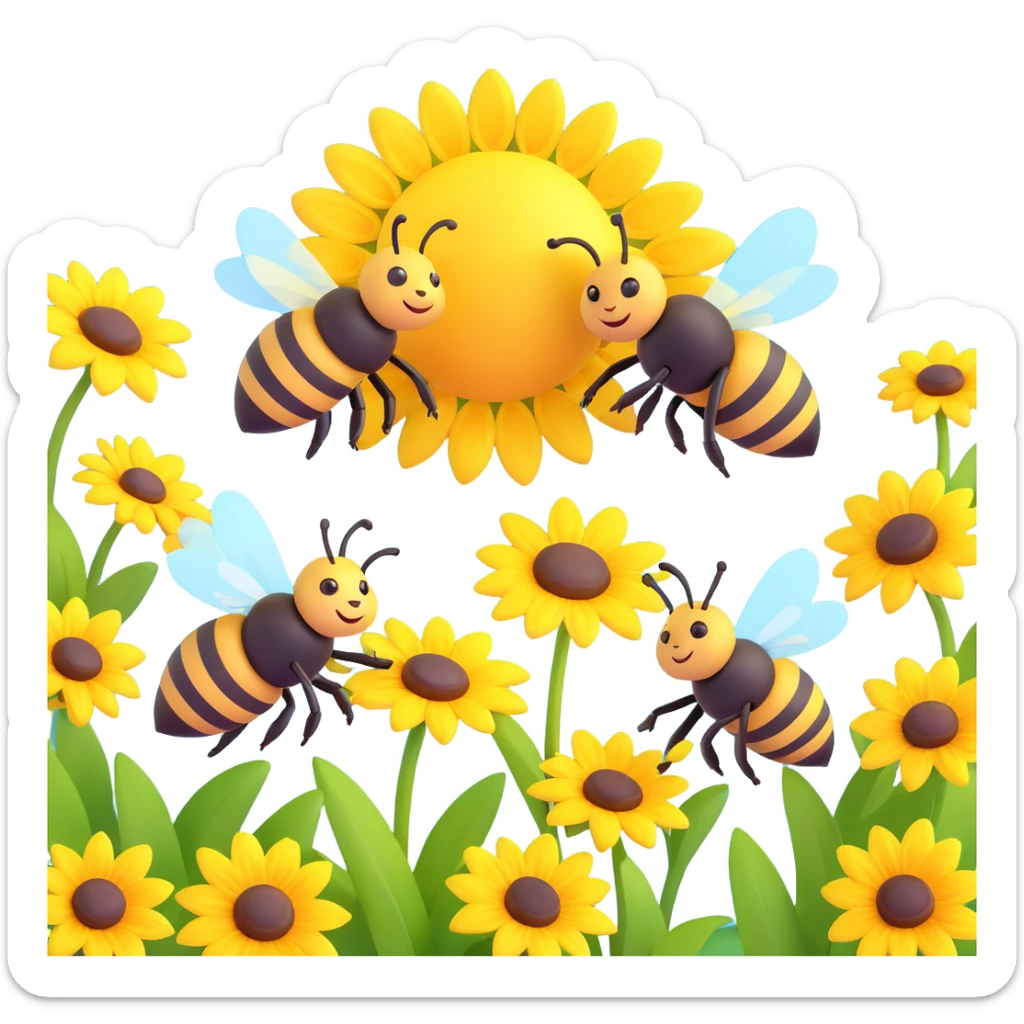 Two bees flying over yellow flowers with a sun in the background, vibrant yellow flowers and bright sun, black and yellow bees. sticker