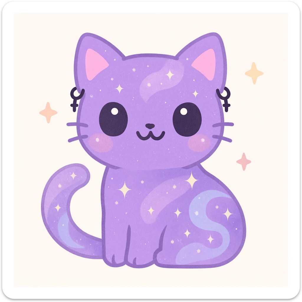 charming purple cat with galaxy swirls, gothic earrings, sparkly fur, enchanting and cute sticker