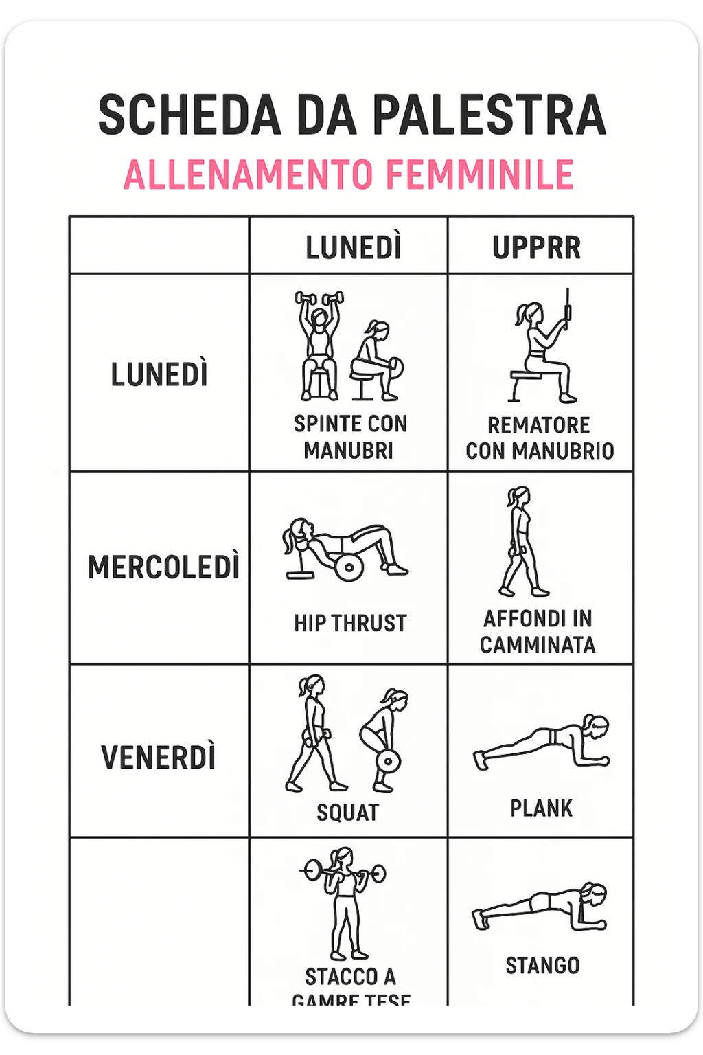 Scheda da palestra su sfondo bianco in italiano specifica per allenamento al femminile sticker