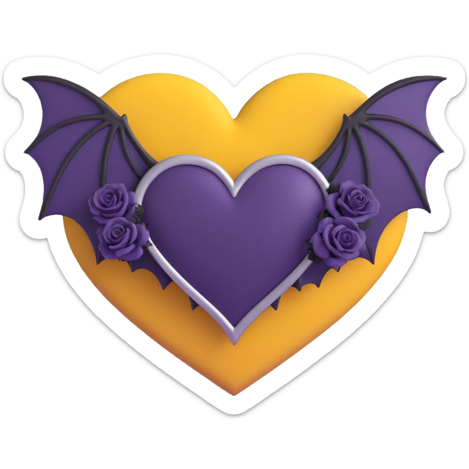 gothic heart, dark purple velvet, silver bat wings, tiny black roses, moody and elegant sticker