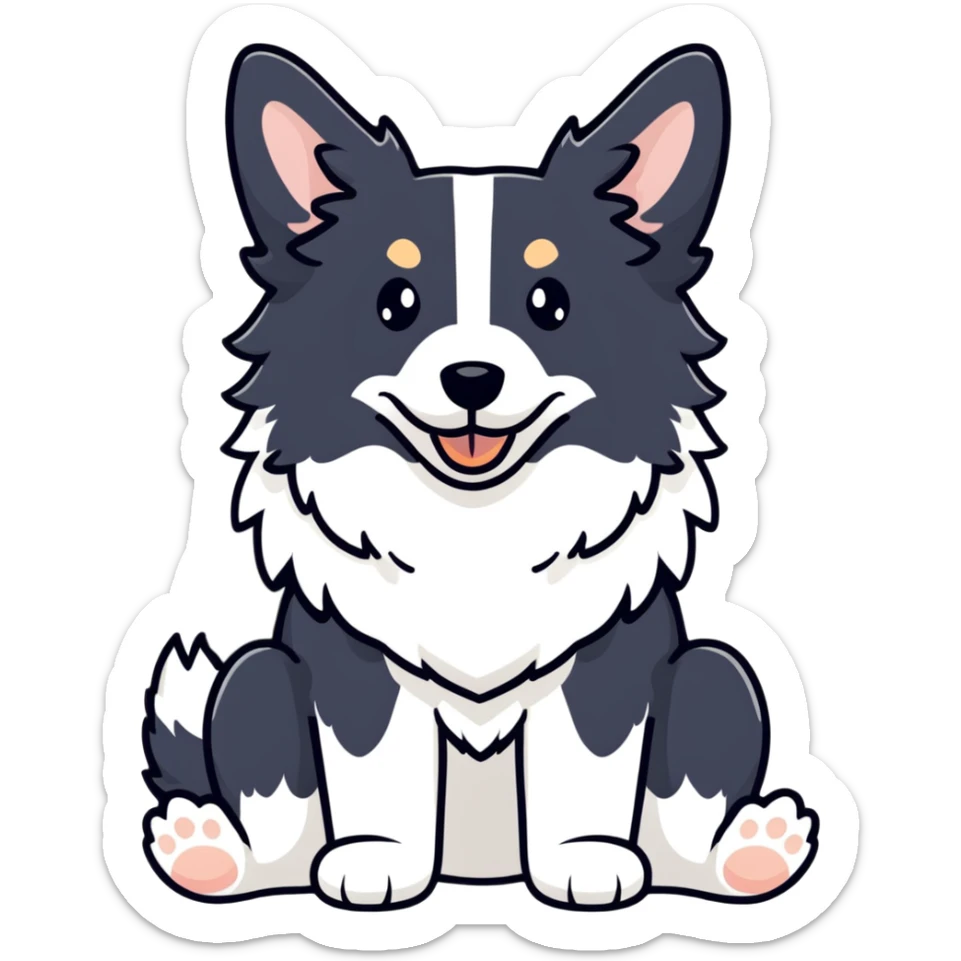 A pure white Border Collie dog sitting, with fluffy fur, alert pointed ears, and friendly expression sticker