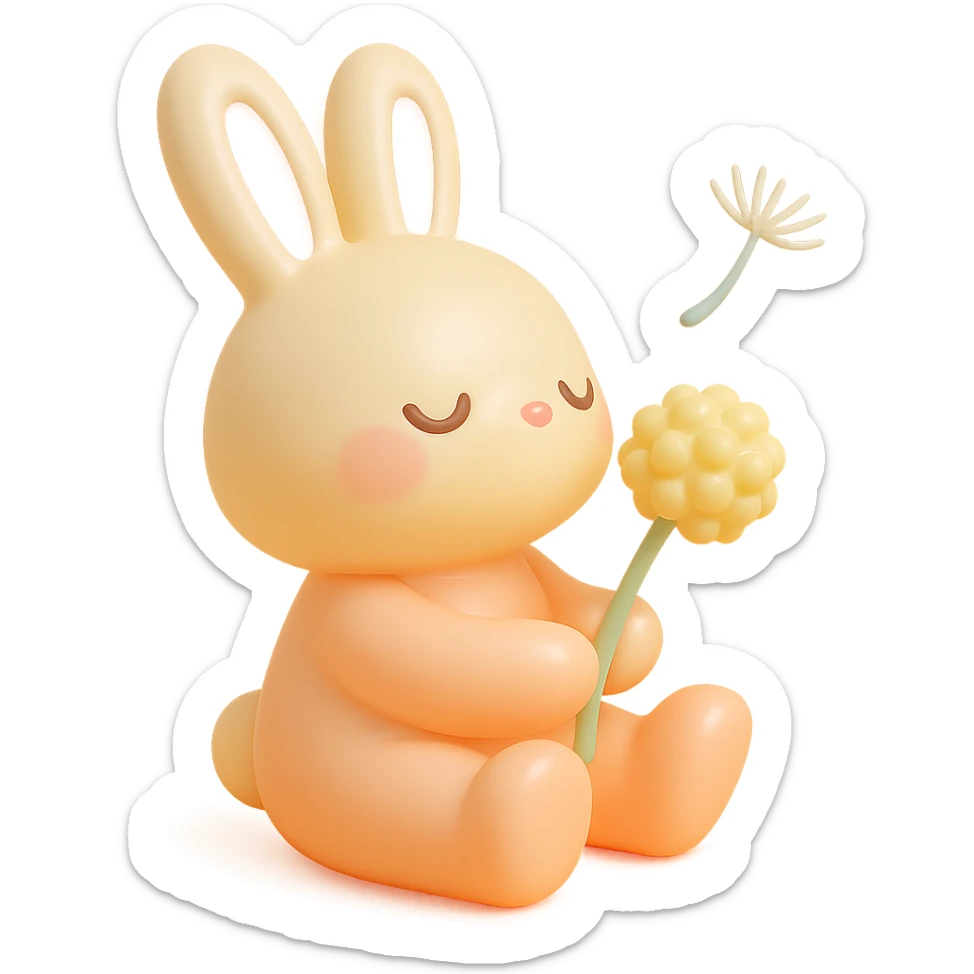 bunny holding a dandelion in the breeze, gentle spring vibe, soft pastel colors, vinyl figure style sticker