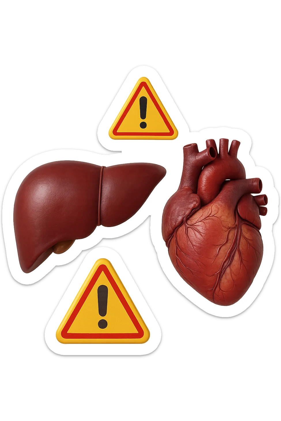 emoji stile iphone di fegato e cuore anatomici realistici in 3d che fluttuano in aria insieme a segnali di pericolo, FALLO MOLTO REALISTICO IN 3D sticker