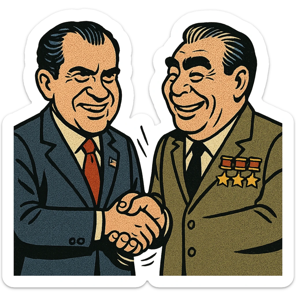 US President Nixon wearing a suit with a large US flag badge standing very close to and shaking hands with Soviet leader Brezhnev who is wearing a suit with soviet war medals on his chest. Both men are happy. sticker