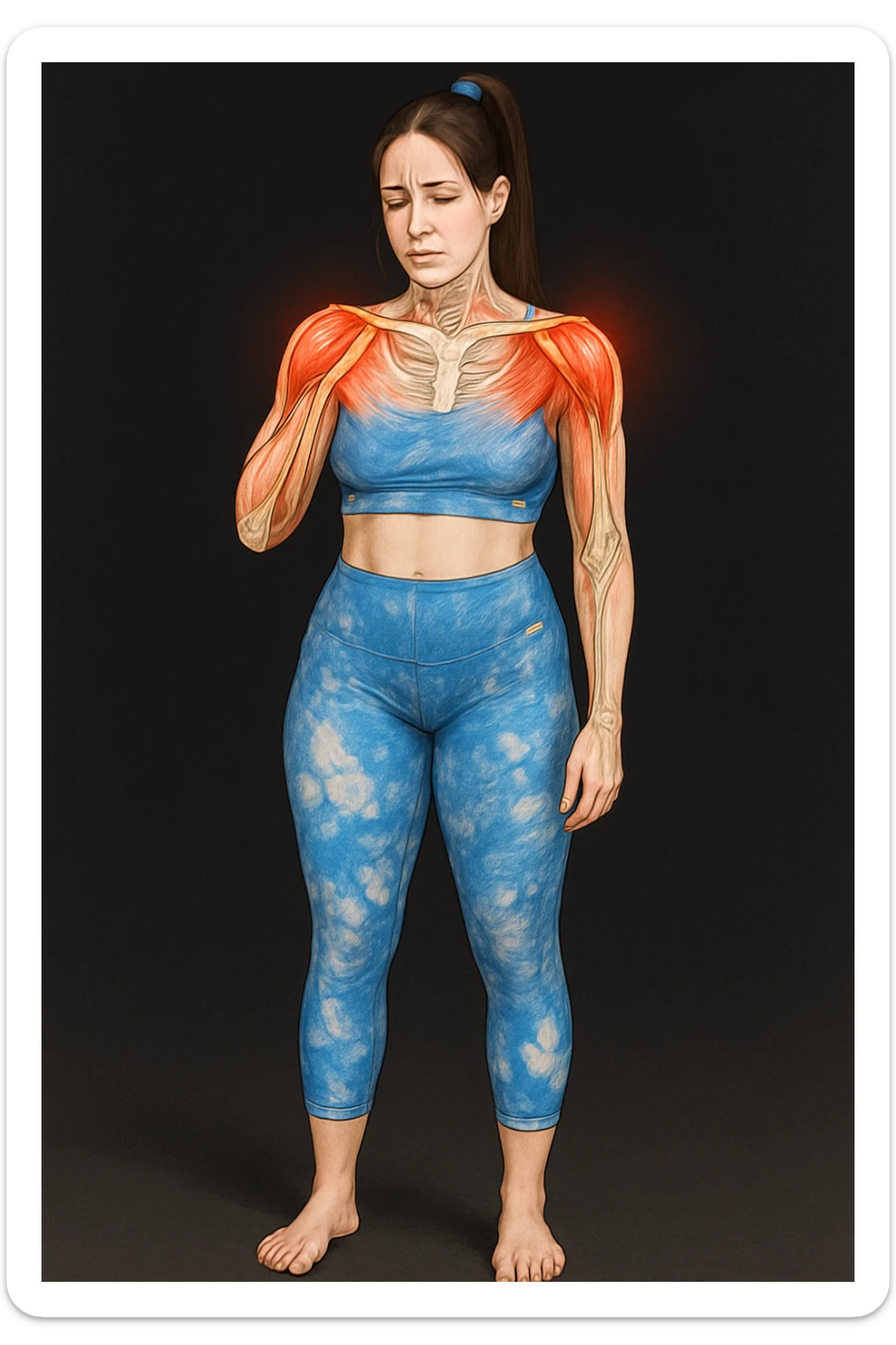 A woman with shoulder pain, add anatomically highlighted shoulders on the body, variant 6, in a style suitable for editing and anatomical emphasis. sticker