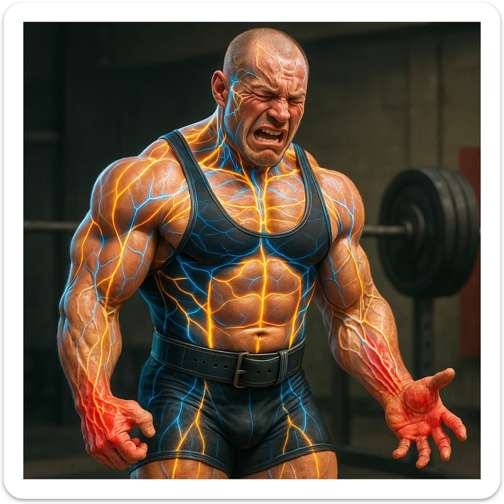 Powerlifter in competition clothing, muscles and nervous system glowing and growing, reddened and injured hand tendons, expression of pain, anatomical details, gym background sticker