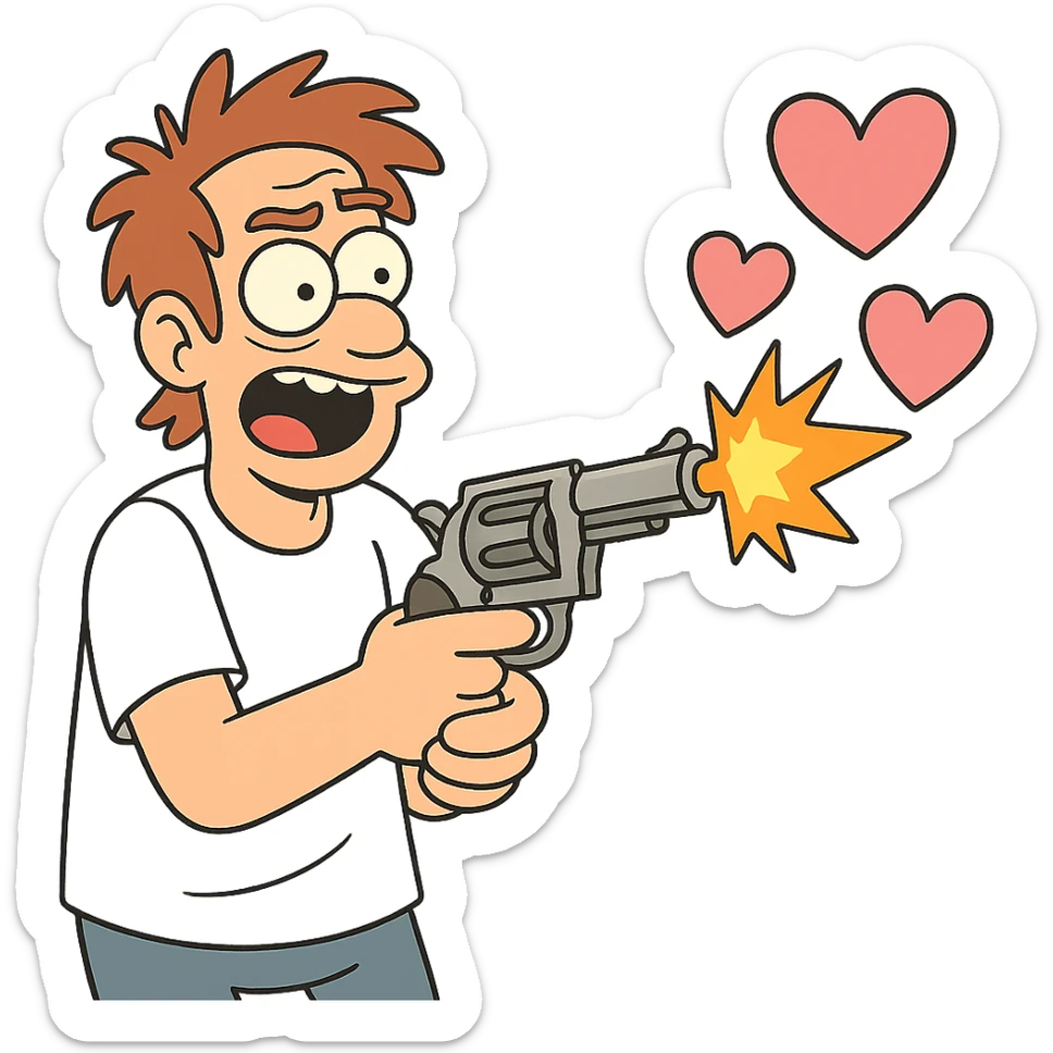 a gun firing heart-shaped bullets, fun and whimsical, cartoon style, bright colors sticker